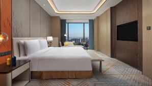 Una habitación de hotel moderna con una cama grande, televisión y vistas a la ciudad.