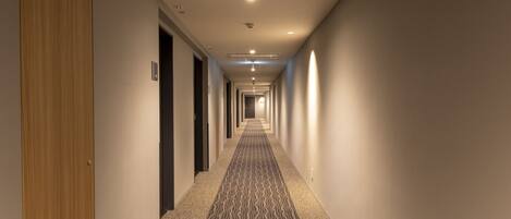 A long, narrow hallway with carpeted floors and walls, leading to a door at the end.