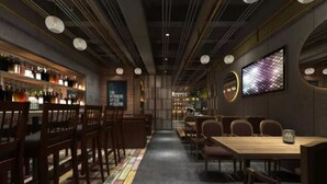 A modern restaurant with a bar area, wooden chairs, and a long table. - Happy Dragon City Culture Hotel (Tian'AnMen Forbidden City) (Beijing)