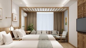 A modern hotel room with two beds, a TV, a desk, and a chair. - Happy Dragon City Culture Hotel (Tian'AnMen Forbidden City) (Beijing)
