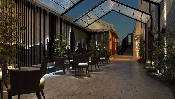 A modern outdoor dining area with tables and chairs, a glass ceiling, and vertical wooden slats on the walls. - Happy Dragon City Culture Hotel (Tian'AnMen Forbidden City) (Beijing)