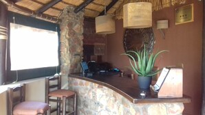 A stone bar area with a rustic ceiling, a potted aloe vera plant, and a laptop on the counter. - Phokoje Bush Lodge (Selebi-Phikwe)