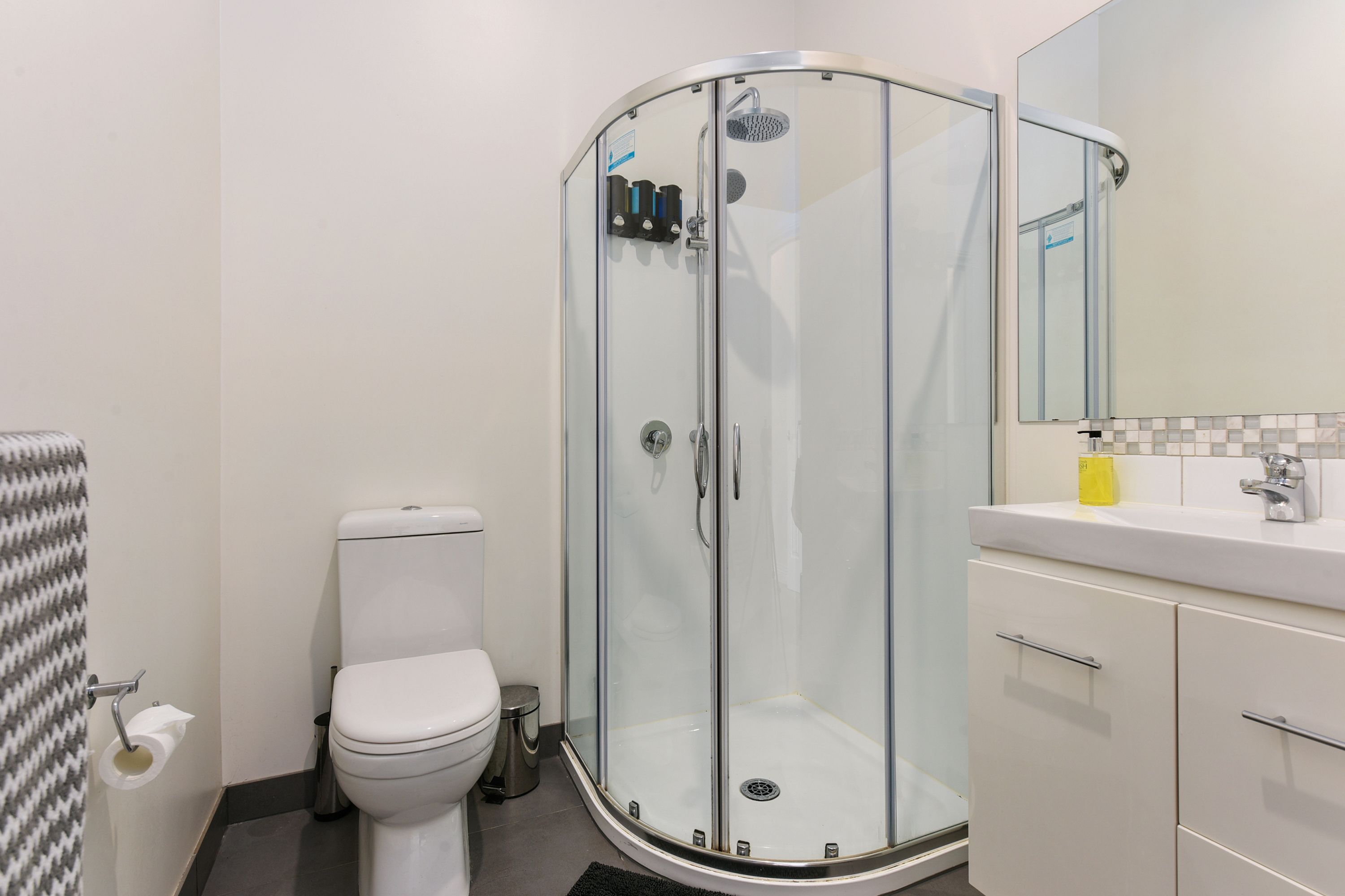 A modern bathroom with a glass-enclosed shower, a toilet, and a sink with a mirror above it.