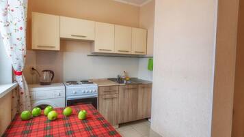 Großer Kühlschrank, Mikrowelle, Herdplatte, Hochstuhl