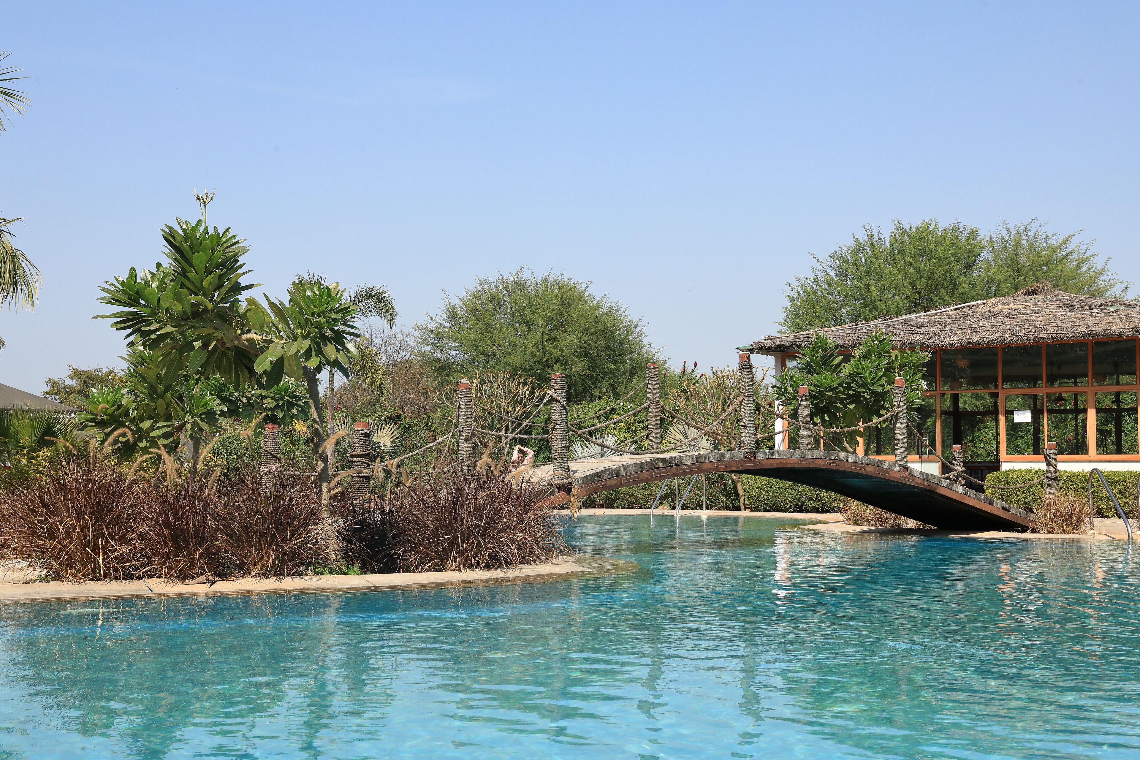 室外游泳池，開放時間為 07:00 至 19:00，提供泳池遮陽傘和日光浴躺椅