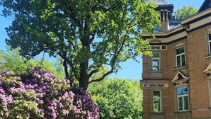 A historic building with a prominent tower, surrounded by lush greenery and flowering bushes. - Hotel Am Park (Reichenbach im Vogtland)