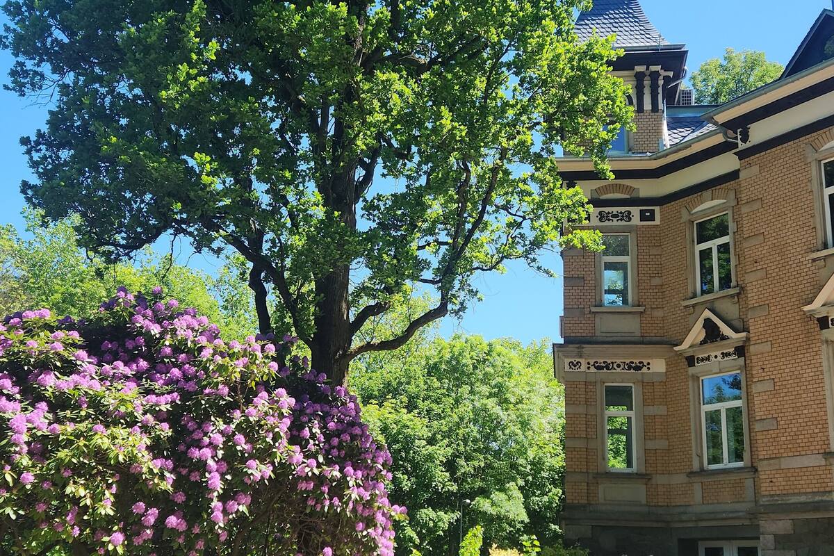 A historic building with a prominent tower, surrounded by lush greenery and flowering bushes.