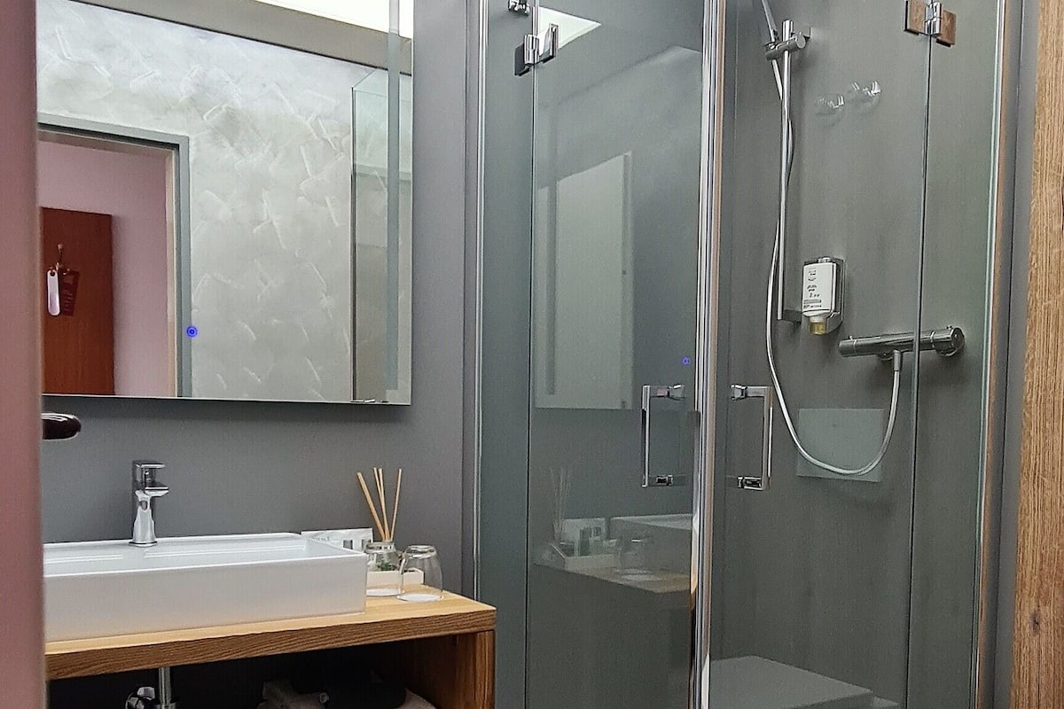 classic double room | bathroom | shower, eco-friendly toiletries, hair dryer, slippers
