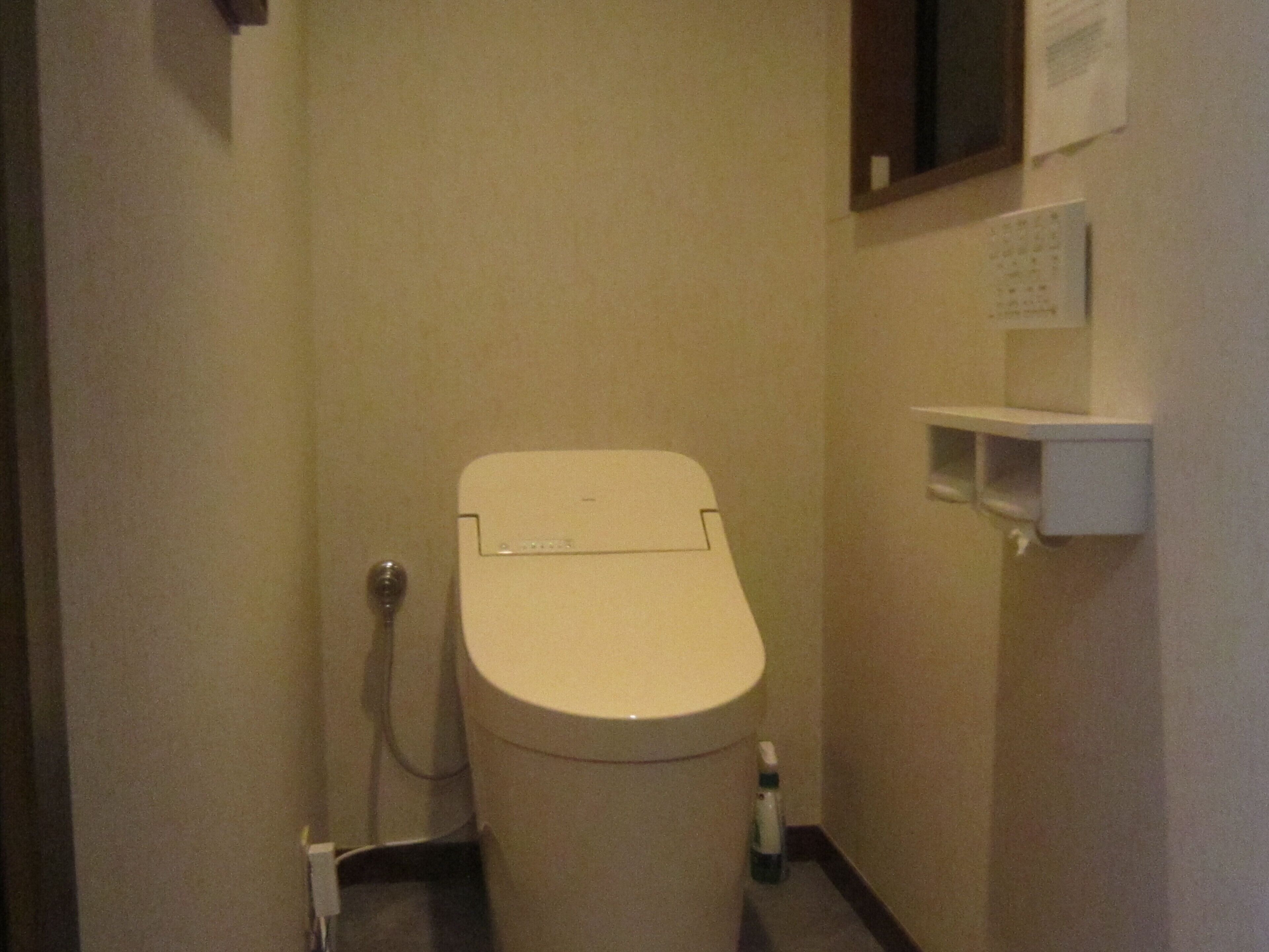 A small, narrow bathroom with a toilet, a hand dryer, and a shelf with a tissue dispenser.