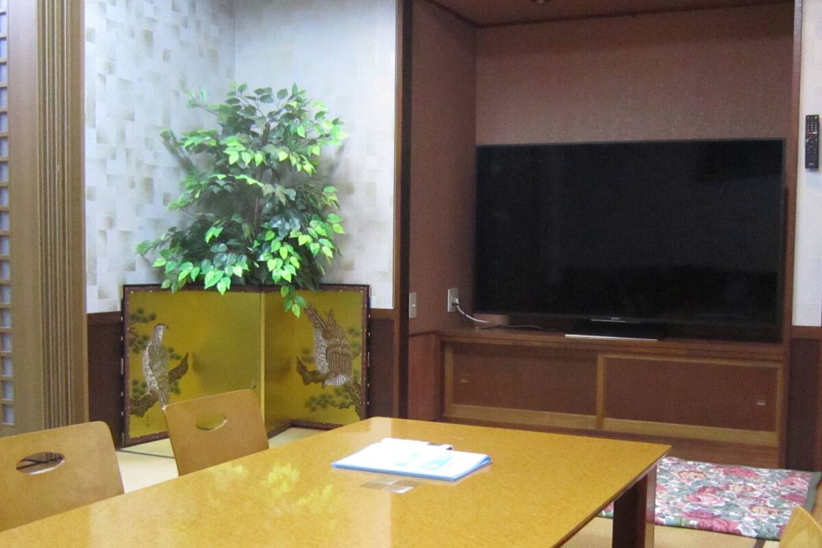 Quarto com mesa de madeira, cadeiras, uma TV de tela grande e um vaso de planta.