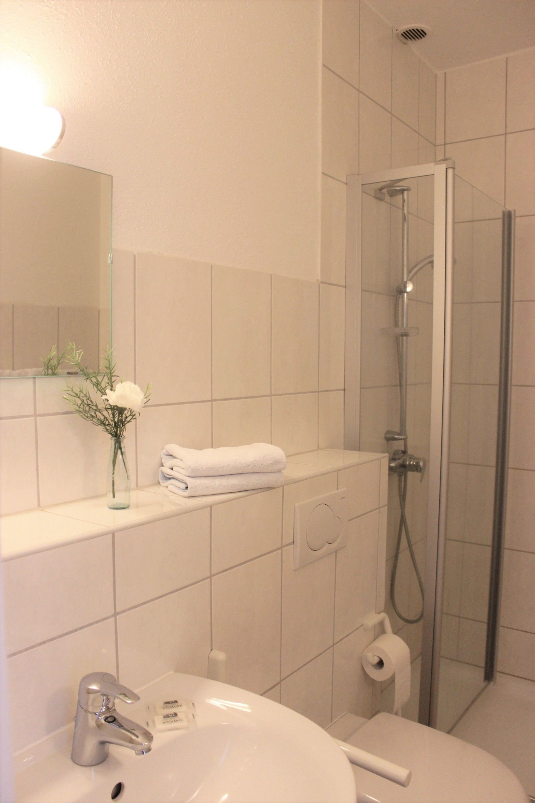 standard double room | bathroom | shower, hair dryer, towels