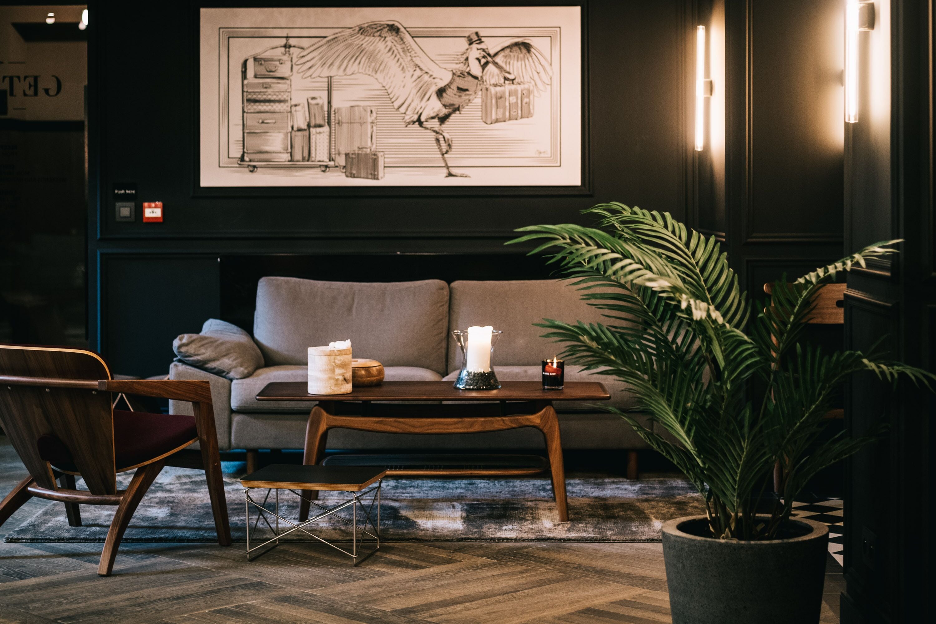 A modern living room with a sofa, wooden coffee table, and a potted plant.