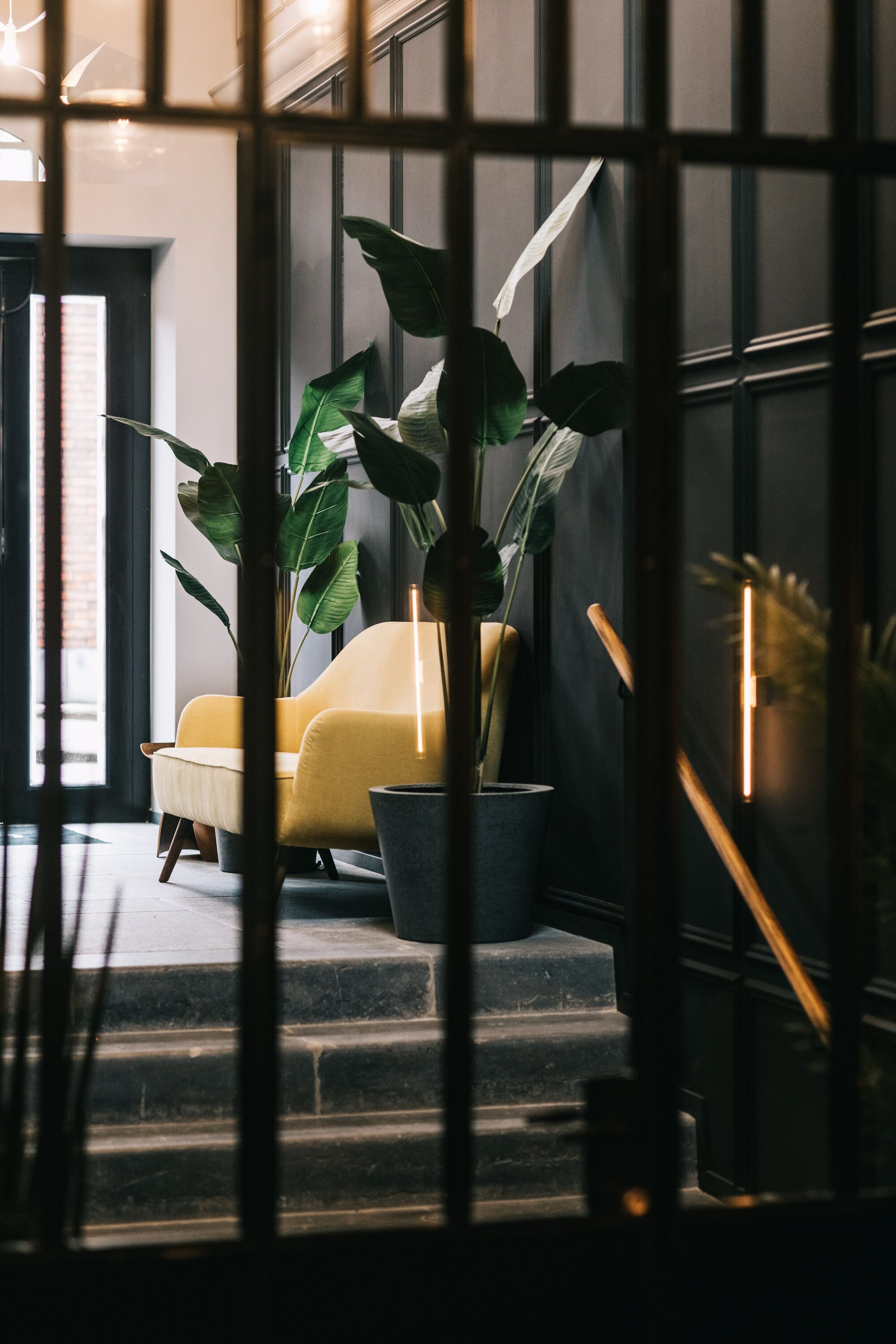 A modern interior with a yellow armchair, a large potted plant, and a staircase leading to an upper level.