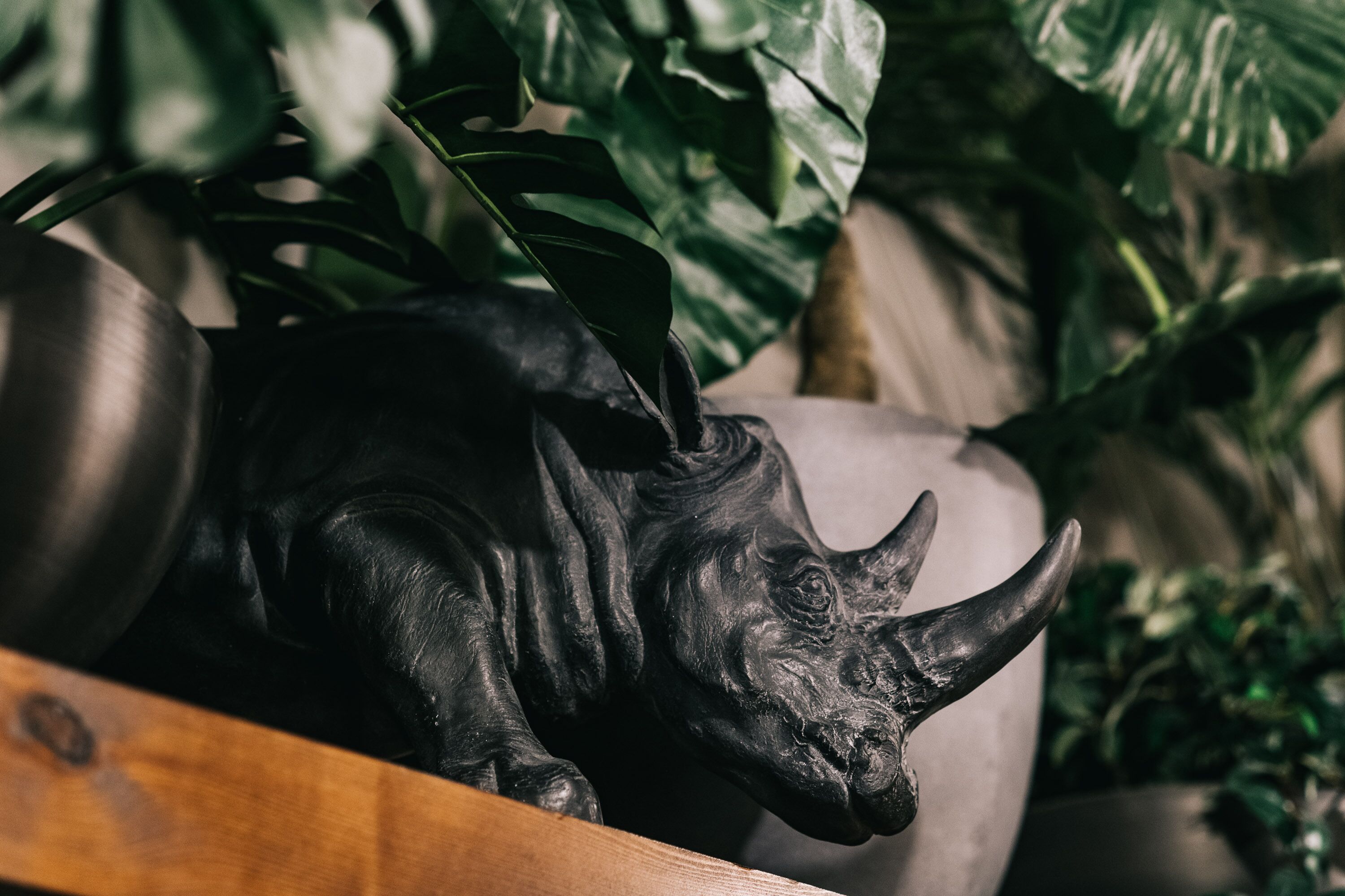 A bronze sculpture of a rhinoceros in a planter.