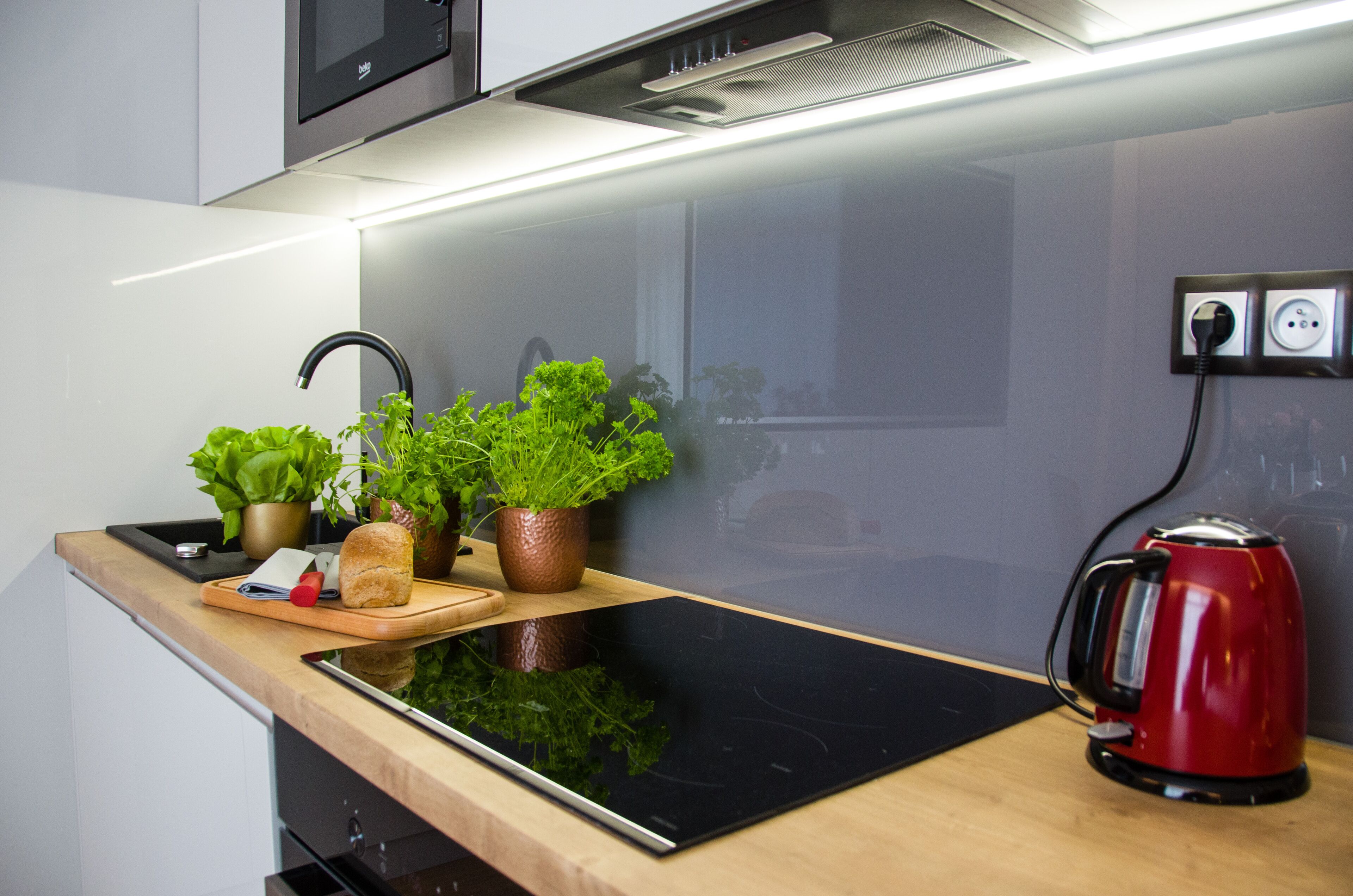 A modern kitchen with a black induction cooktop, a red kettle, and potted herbs on the counter.