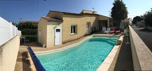 Seasonal outdoor pool, pool loungers