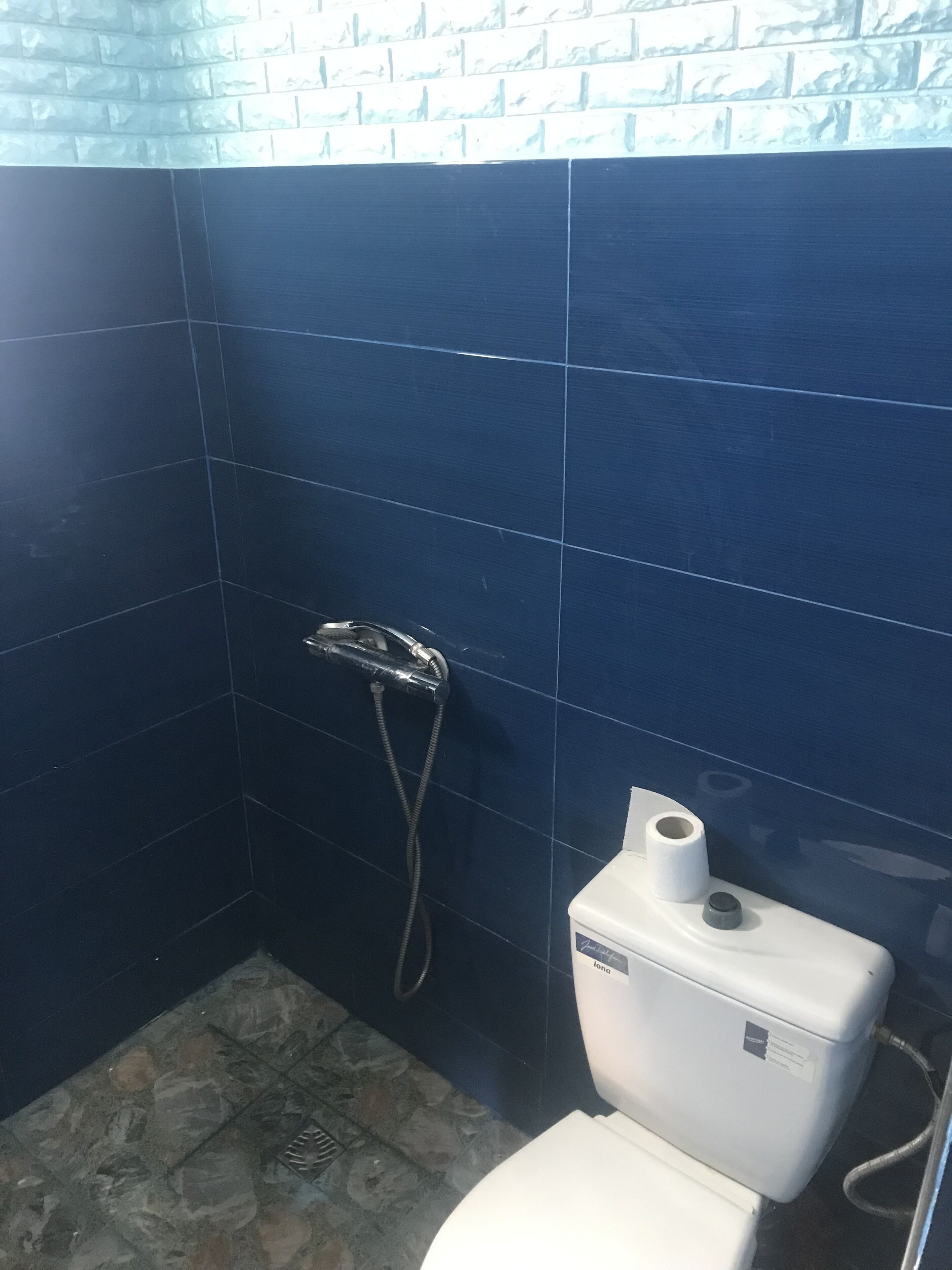 Une salle de bain avec des carreaux bleu foncé, une douche équipée d’un pommeau de douche à main, des toilettes et un sol imitant la pierre.