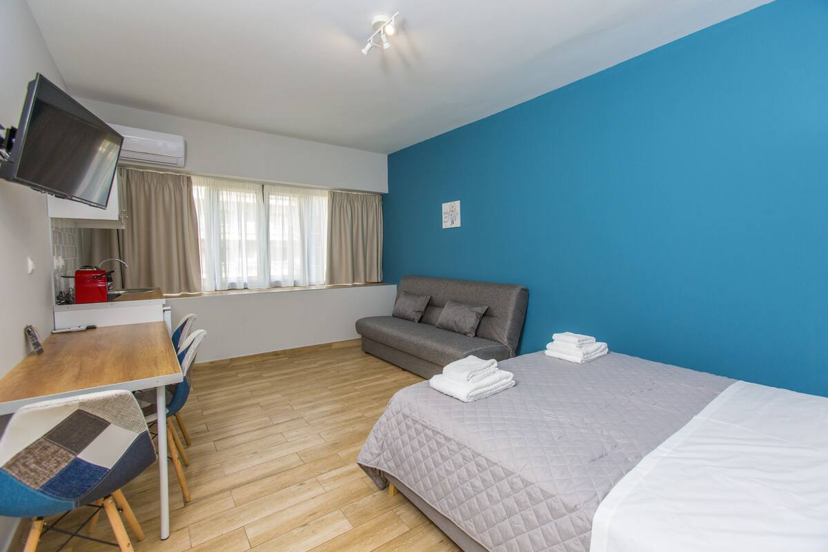 Un dormitorio con cama, sofá, escritorio con silla, televisión y aire acondicionado.