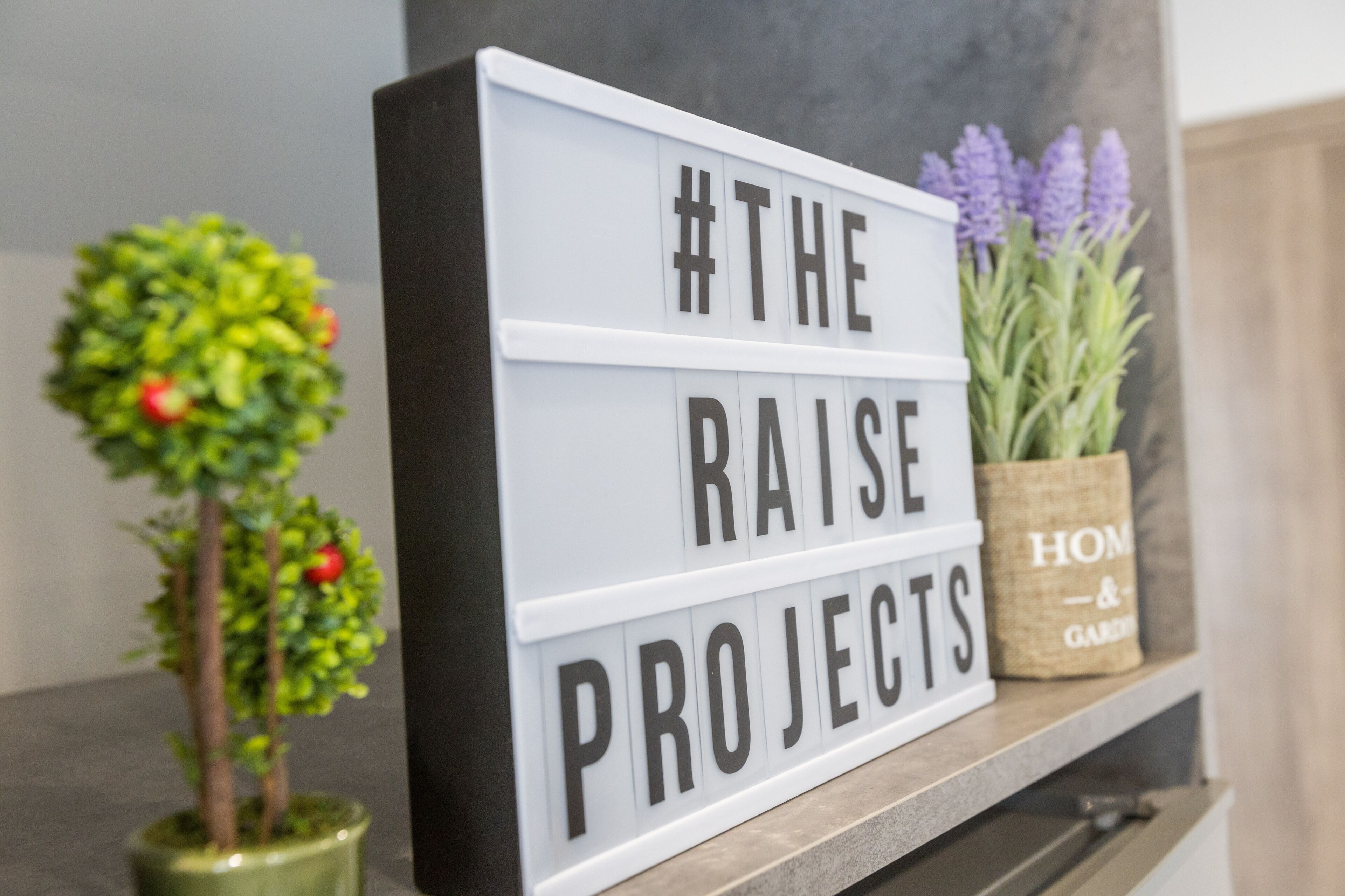 A lightbox sign with the text "#THE RAISE PROJECTS" on a shelf.