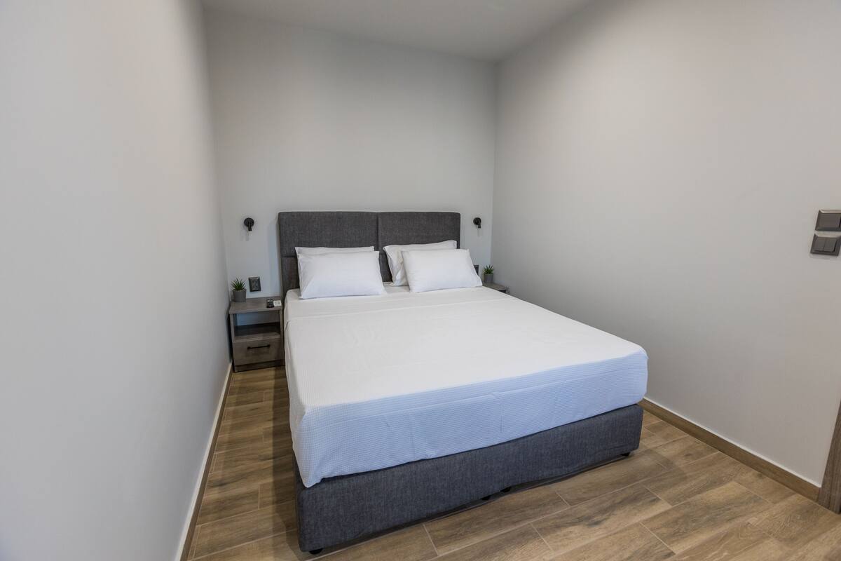 Un dormitorio moderno con una cama grande, una mesita de noche y una pequeña planta en maceta.