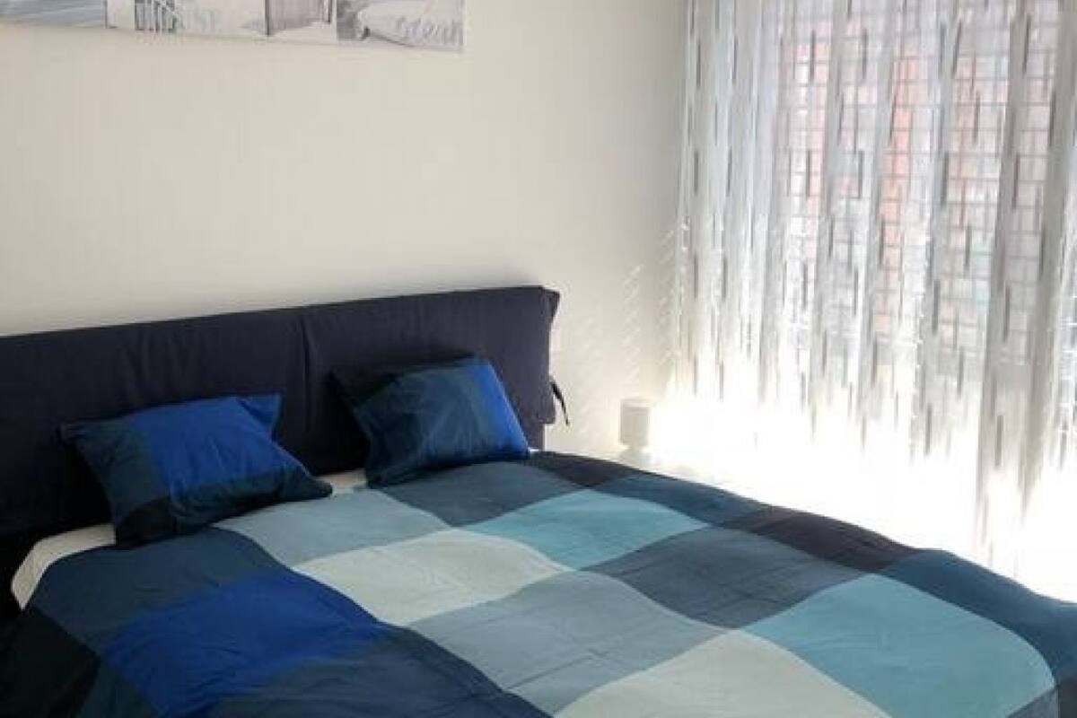 A bedroom with a bed, dark headboard, and blue bedding.