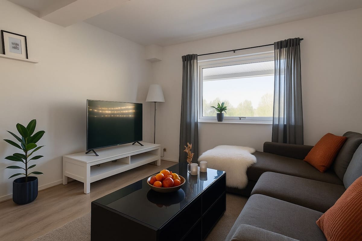 Ett modernt vardagsrum med en platt-TV på ett vitt TV-bord, ett svart soffbord med en skål med frukt, en grå soffa med orange kuddar, en krukväxt och ett fönster med grå gardiner.