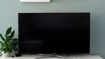 Un televisor de pantalla plana sobre un mueble blanco con cajones, dos estantes con obras de arte y plantas, y una planta en maceta al lado del televisor.