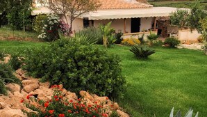 A house with a tiled roof, surrounded by a well-maintained garden with various plants and a lawn.