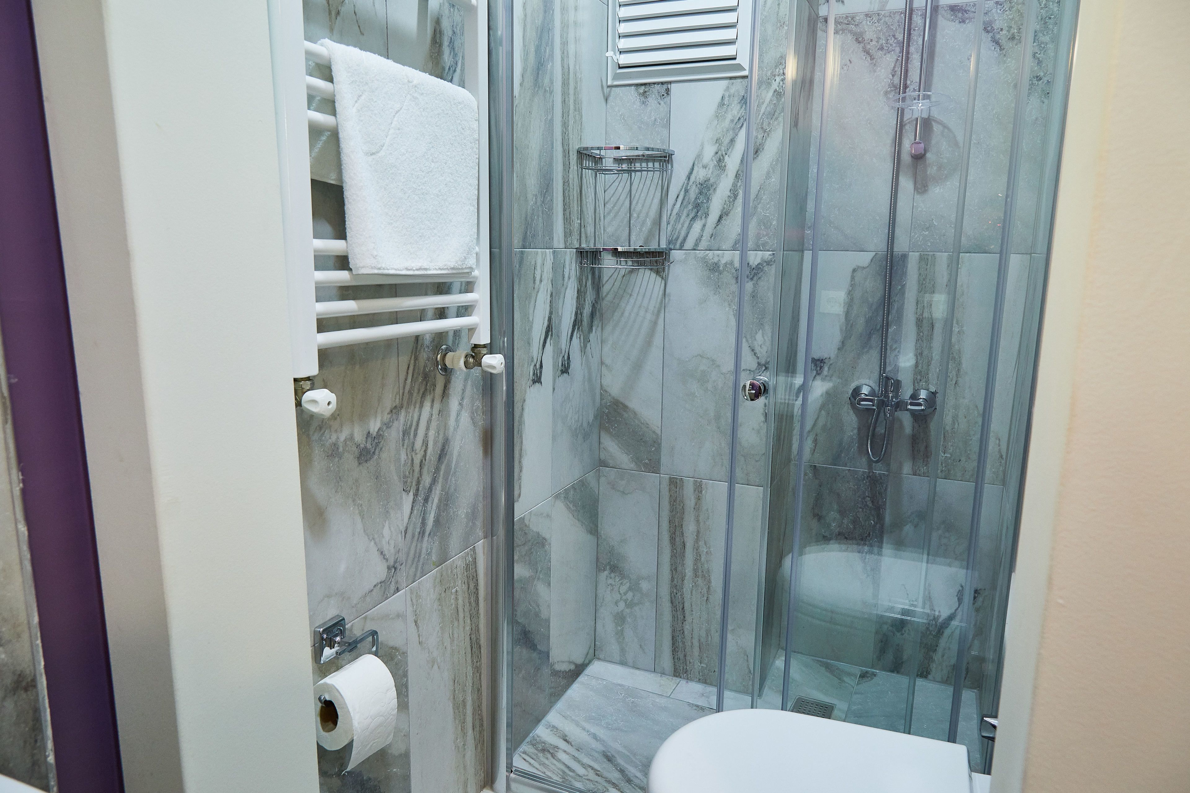 A bathroom with a glass-enclosed shower, marble walls, a white toilet, and a towel rack.