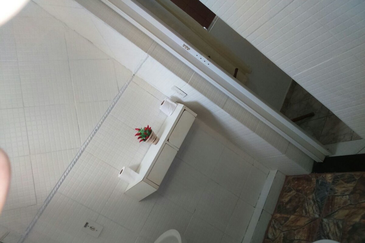 A bathroom with a white tiled floor, a white sink with a small plant, and a toilet.