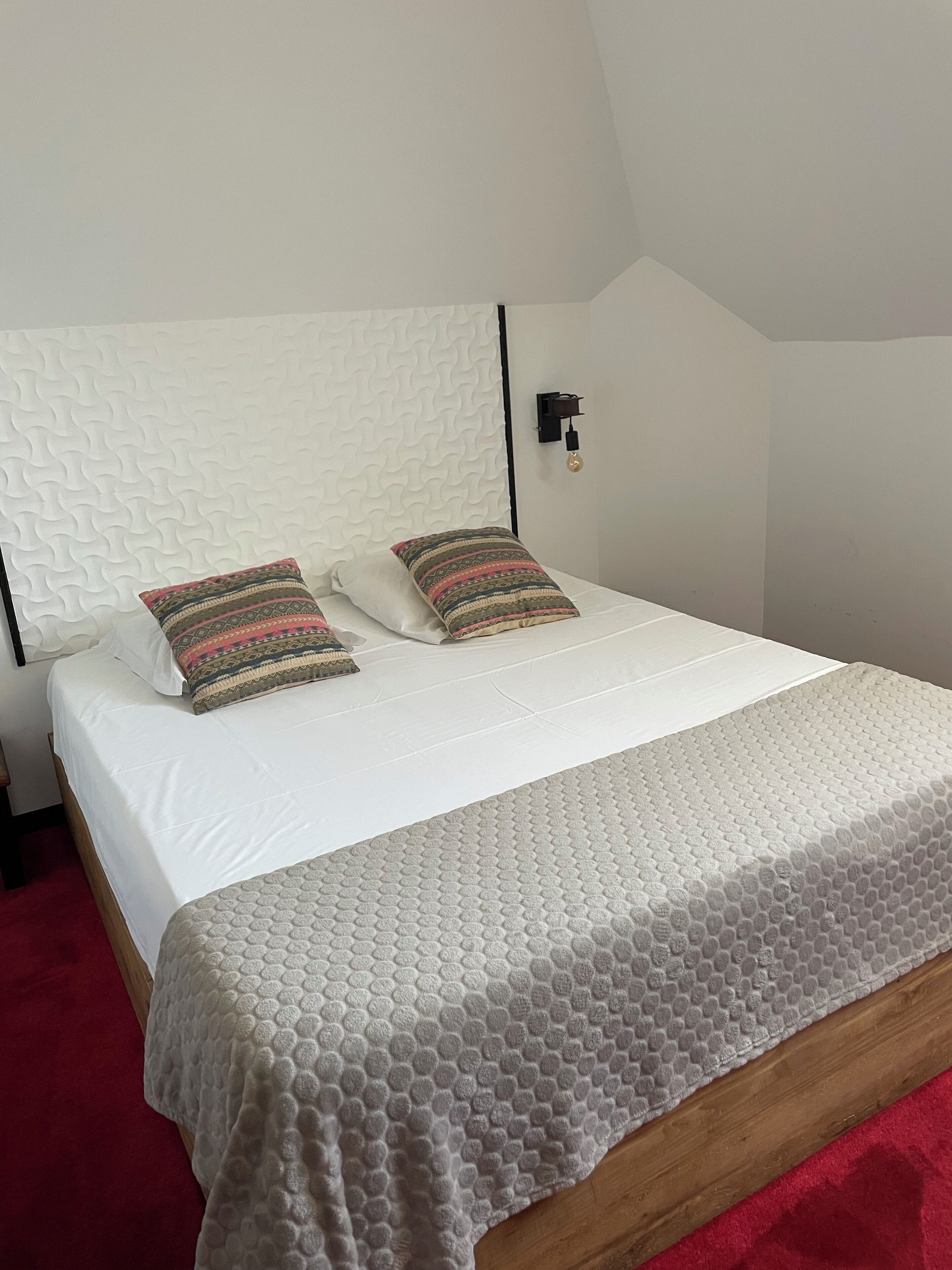 A neatly made bed with a white mattress and two patterned pillows, a textured white headboard, and a red carpeted floor.