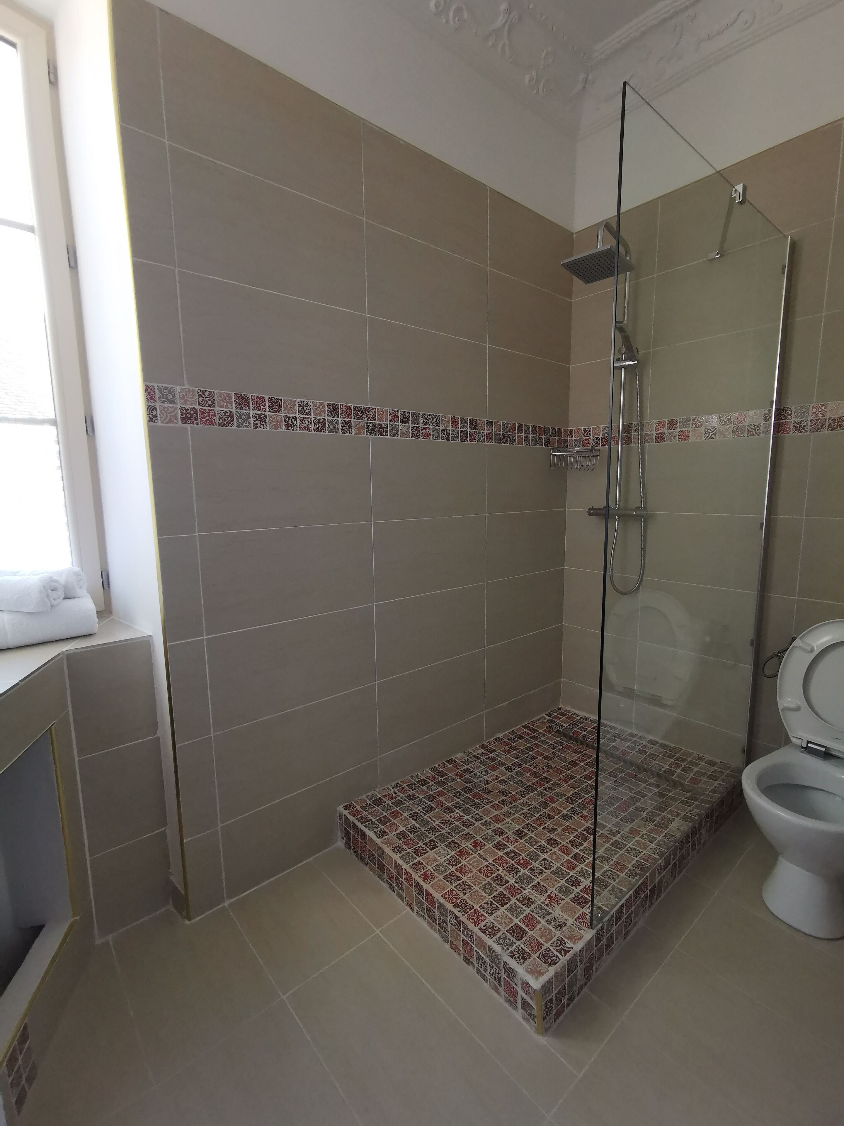 A bathroom with a shower, toilet, and a window.