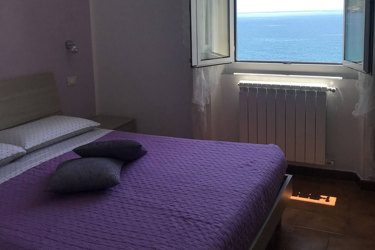 A bedroom with a bed, a window with a view of the sea, and a radiator.