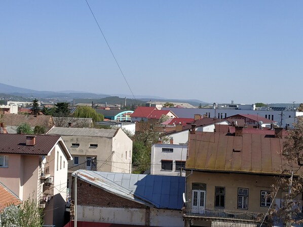 A residential area with various buildings, including houses with different roof colors and architectural styles. - Best one room Apartments on Belyaeva 5 (Mukachevo)