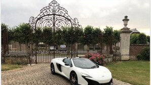 A white sports car parked in front of a gated entrance with a decorative iron gate and a stone pillar. - Le Chateau de Plessier-Rozainvillers (Le Plessier-Rozainvillers)