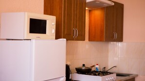 Een keuken met houten kastjes, een kookplaat, een magnetron en een spoelbak.
