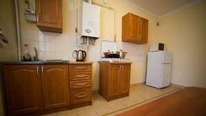 A compact kitchen with wooden cabinets, a white refrigerator, a stove, and a microwave. - Best Apartment in the Center (Mukachevo)