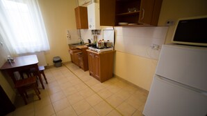 A compact kitchen with wooden cabinets, a stove, and a refrigerator. - Best Apartment in the Center (Mukachevo)