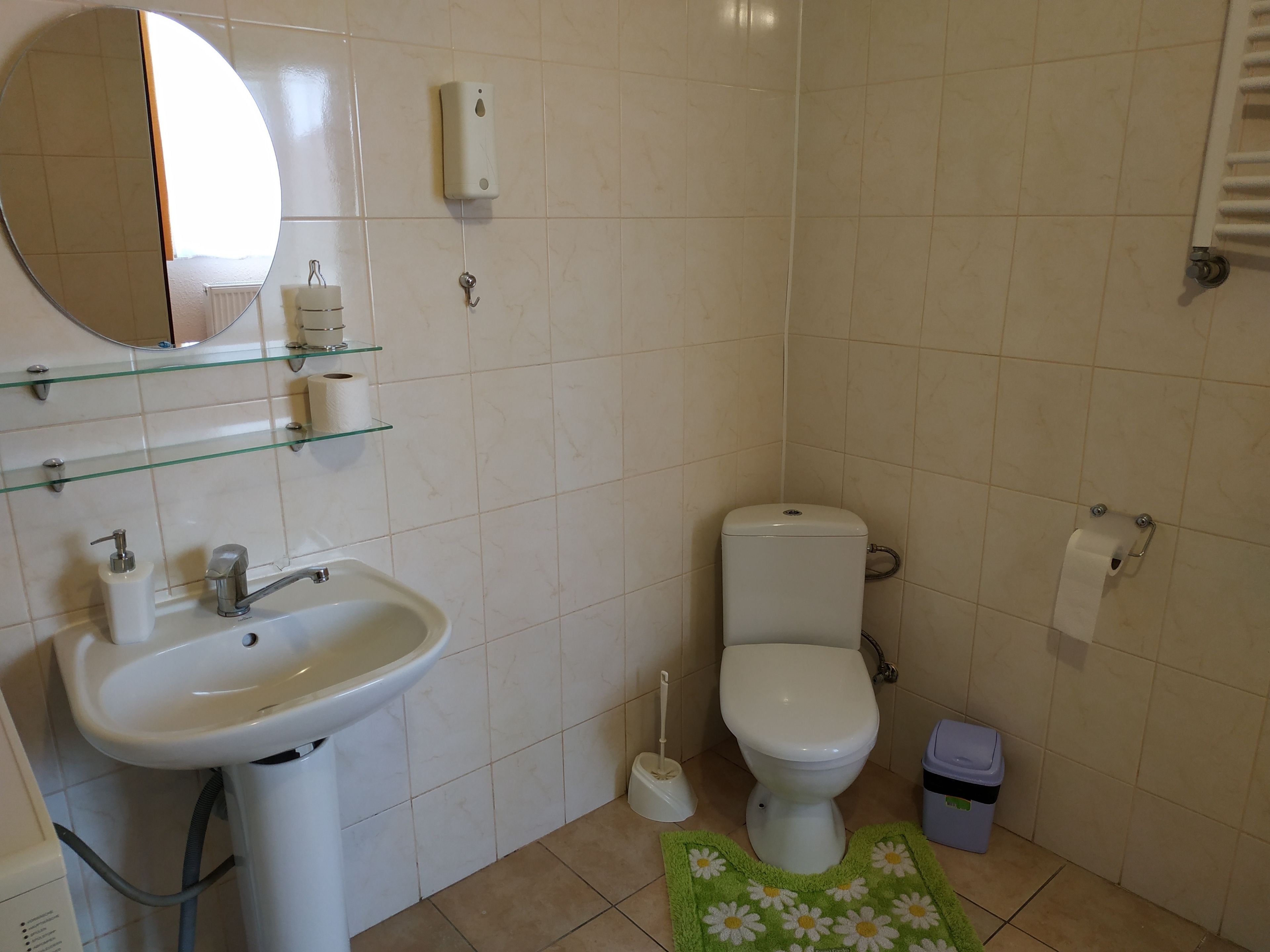 A bathroom with a white sink, mirror, toilet, and glass shelves.