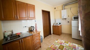 A kitchen with wooden cabinets, a sink, a microwave, and a refrigerator. - Best Apartments on Beregovskaya (Mukachevo)