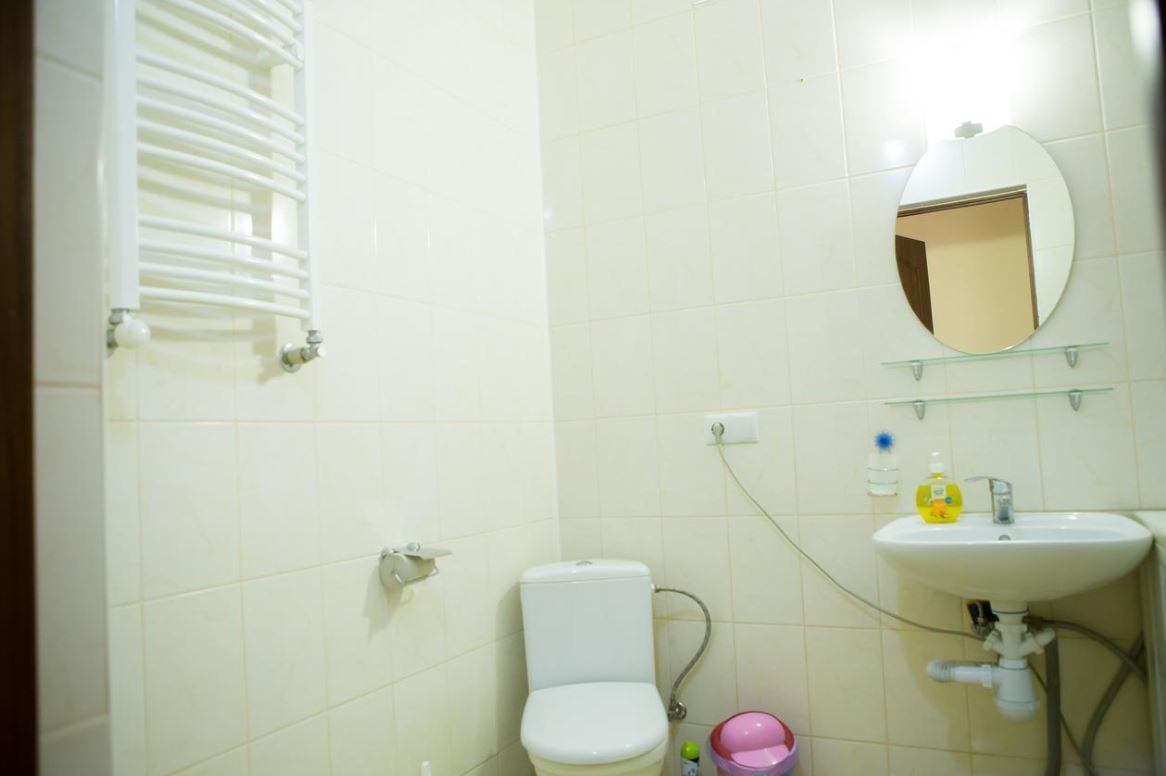 A bathroom with a toilet, sink, and mirror.