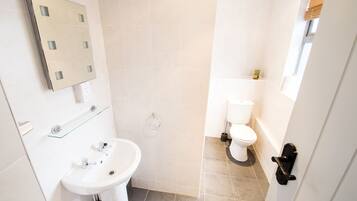 Een badkamer met een wastafel, spiegel, toilet en douche.