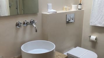 Een badkamer met een groot, rond wastafel, toilet, spiegel en douche.