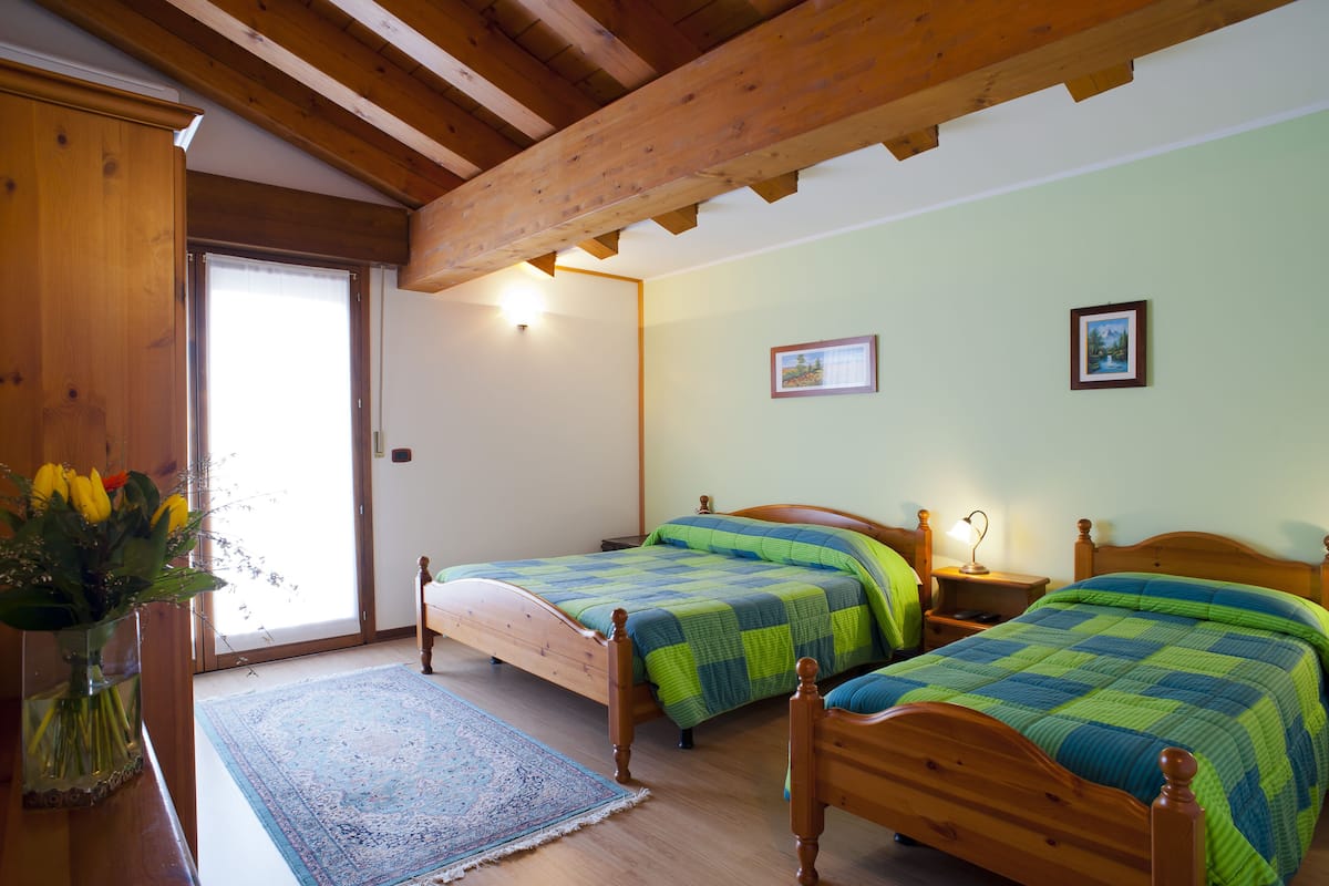 A bedroom with two wooden beds, a wooden wardrobe, a vase with flowers, and a door leading outside.