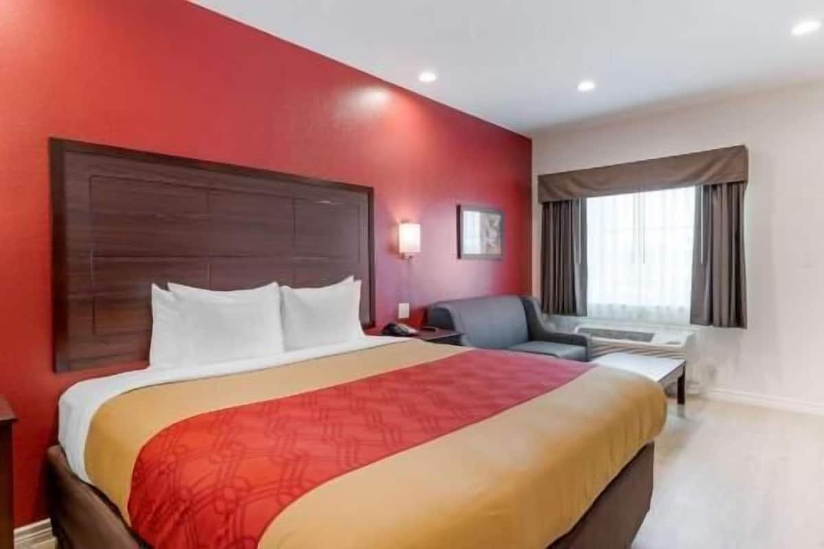 A hotel room with a large bed, a desk, a chair, a window with curtains, and a wall-mounted lamp.