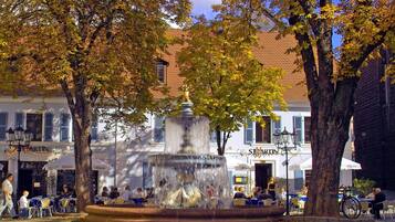 Una plaza pública con una fuente, árboles y edificios con señalización 'SIMARTIN'.