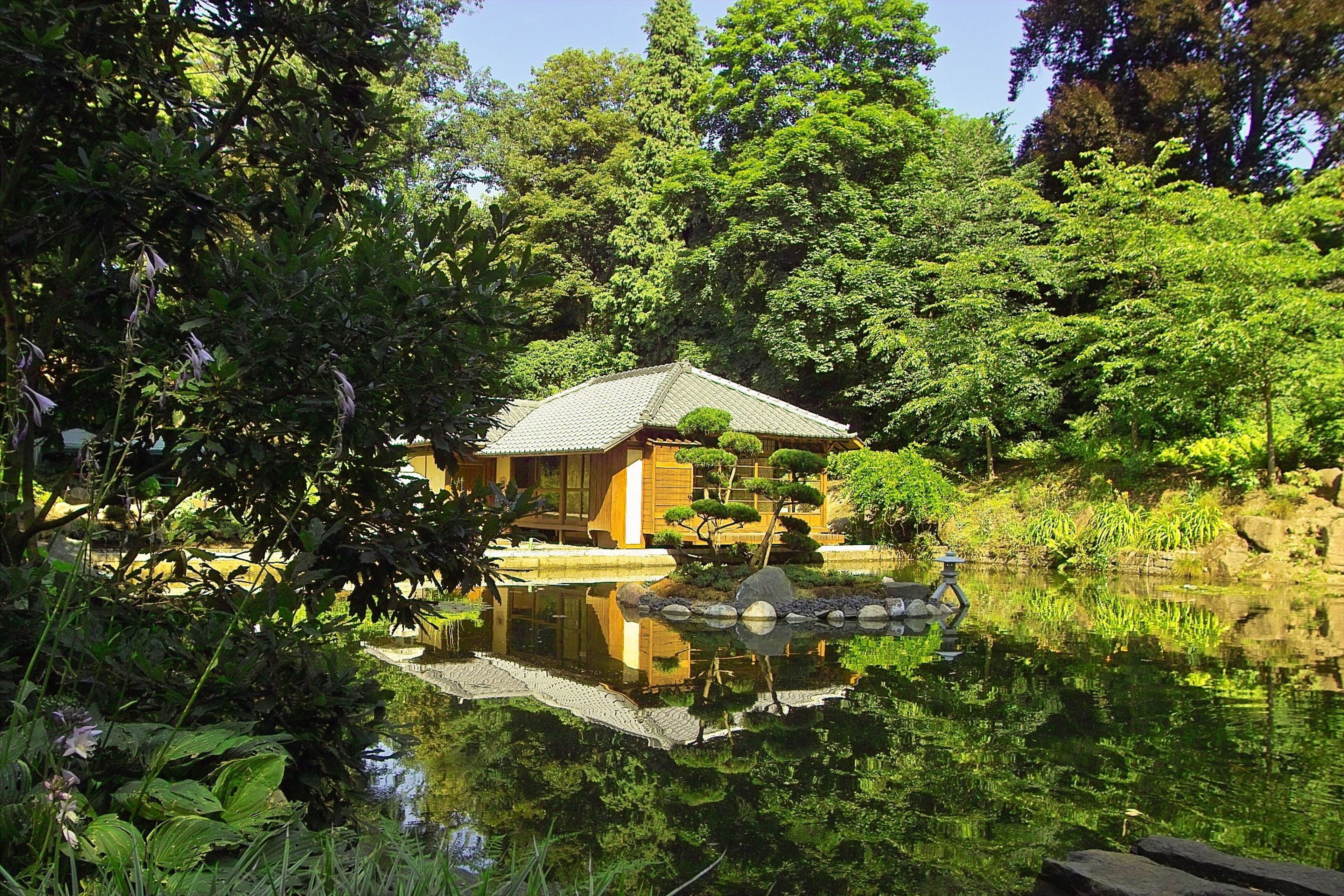 A traditional Japanese-style house with a tiled roof, surrounded by lush greenery and a calm pond.