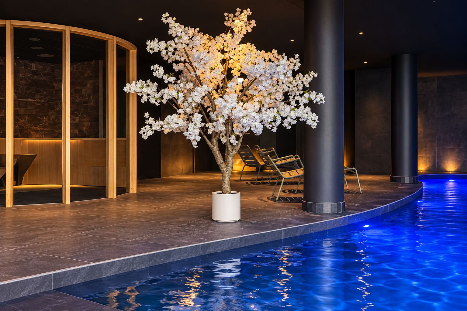 A pool area with a white flower arrangement, lounge chairs, and a modern architectural design.