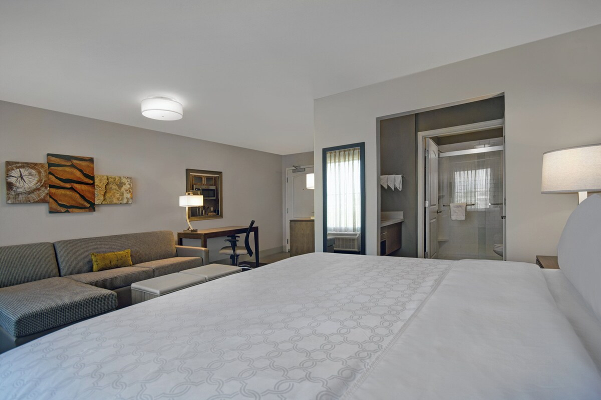 A hotel room with a large bed, a sofa, a desk, and a shower area.