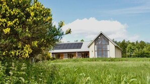 A modern house with a sloped roof and large windows, surrounded by a lush green field and a tree with yellow flowers.
